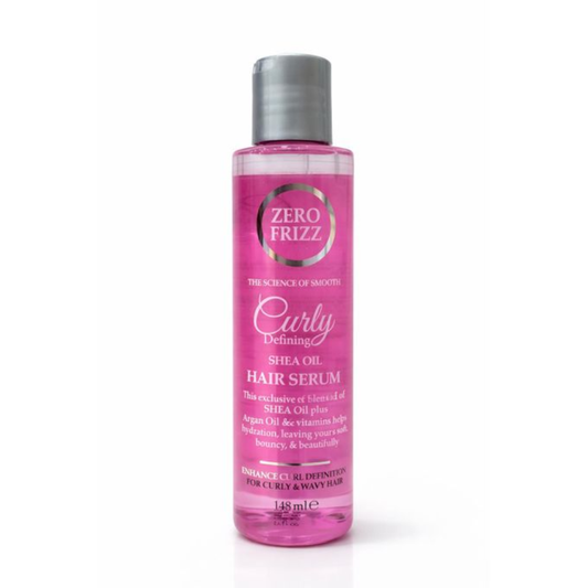 Zero Frizz Curly Defining Shea Oil Hair Serum in 148ml bottle, showing glossy, frizz-free curly hair and nourishing formula.