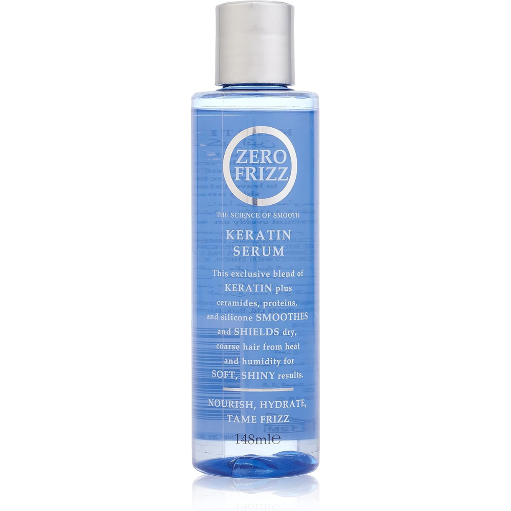 Zero Frizz keratin hair serum bottle, 148 ml, smooths frizz and adds shine to hair in a sleek, clear container.