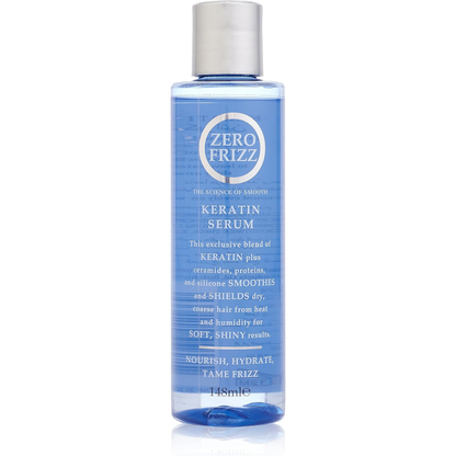 Zero Frizz keratin hair serum bottle, 148 ml, smooths frizz and adds shine to hair in a sleek, clear container.