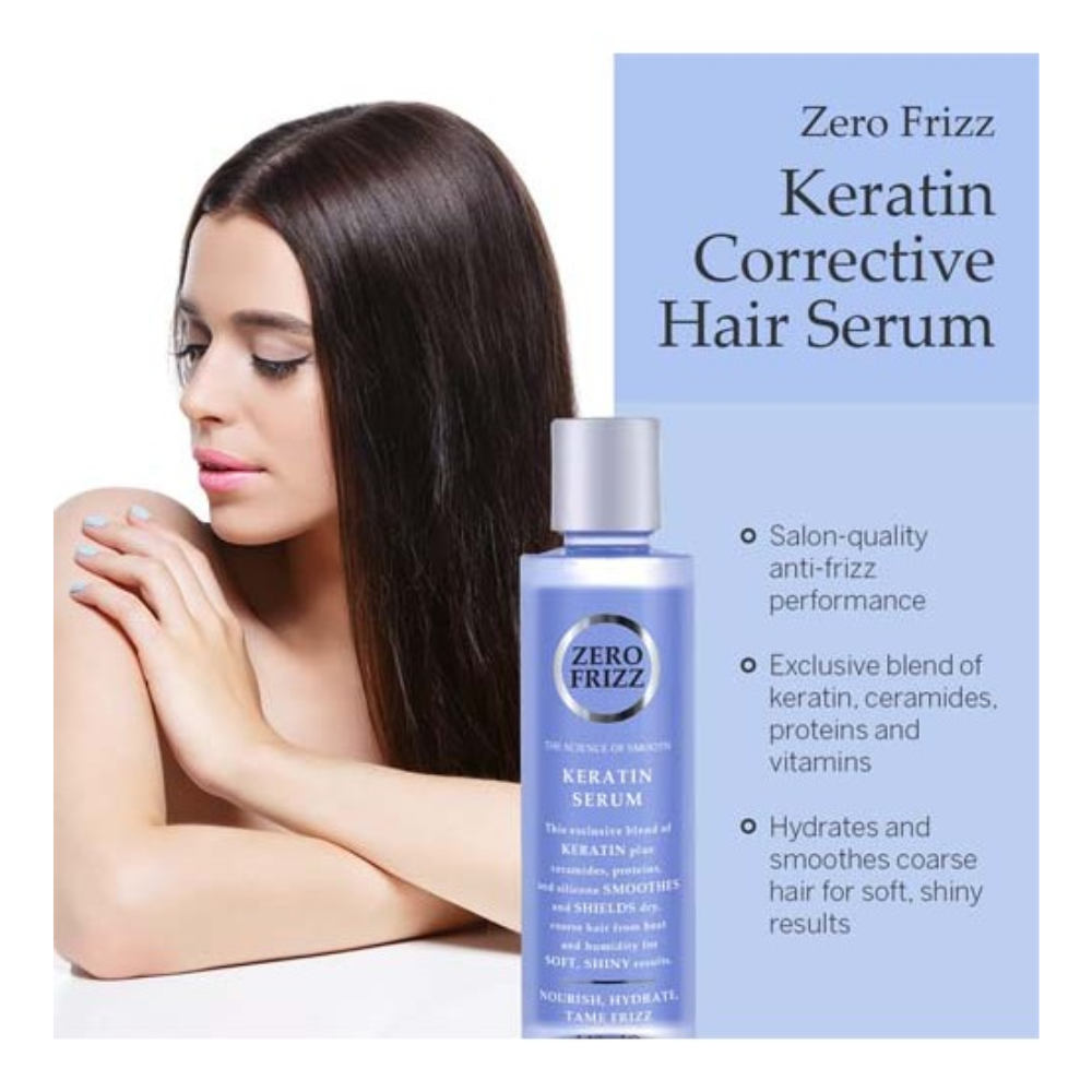 Zero Frizz keratin hair serum bottle, 148 ml, smooths frizz and adds shine to hair in a sleek, professional hair care product image.