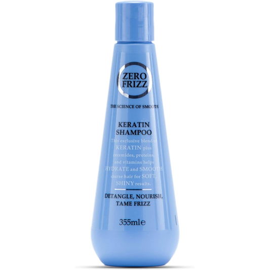 Zero Frizz keratin shampoo bottle showing smooth, hydrating formula for dry and frizzy hair in a 355ml size.
