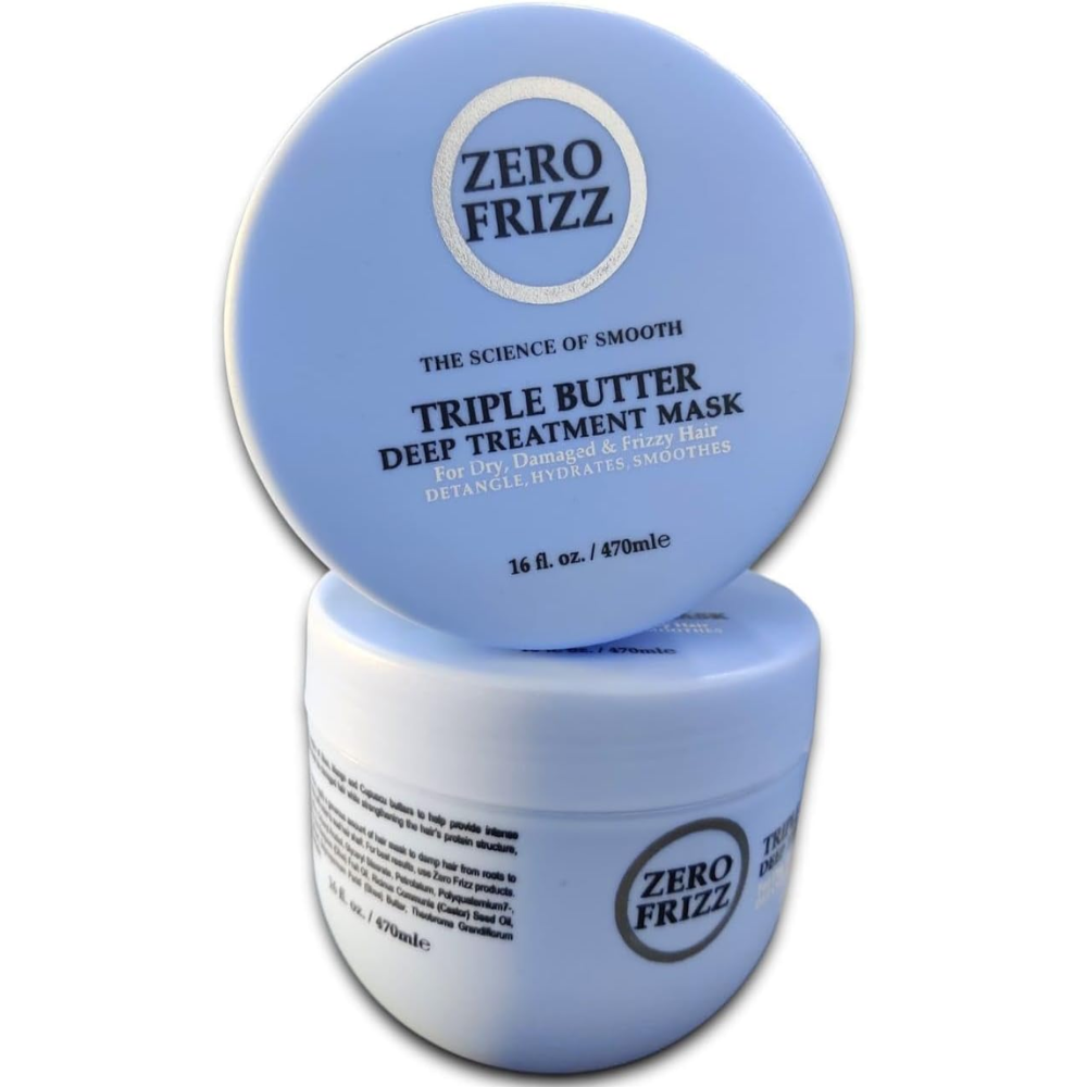 Zero Frizz Triple Butter Deep Treatment Hair Mask 470 ml jar with creamy, nourishing hair care formula for frizz control and deep hydration.