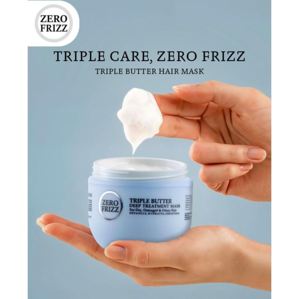 Zero Frizz Triple Butter Deep Treatment Hair Mask in 470 ml jar, nourishing hair care product with rich butter formula for smooth, frizz-free hair.