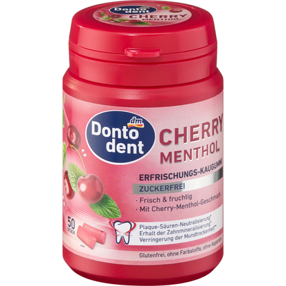 dontodent cherry menthol sugar-free gum in 50-piece pack, fresh dental care product with vibrant cherry and menthol flavor