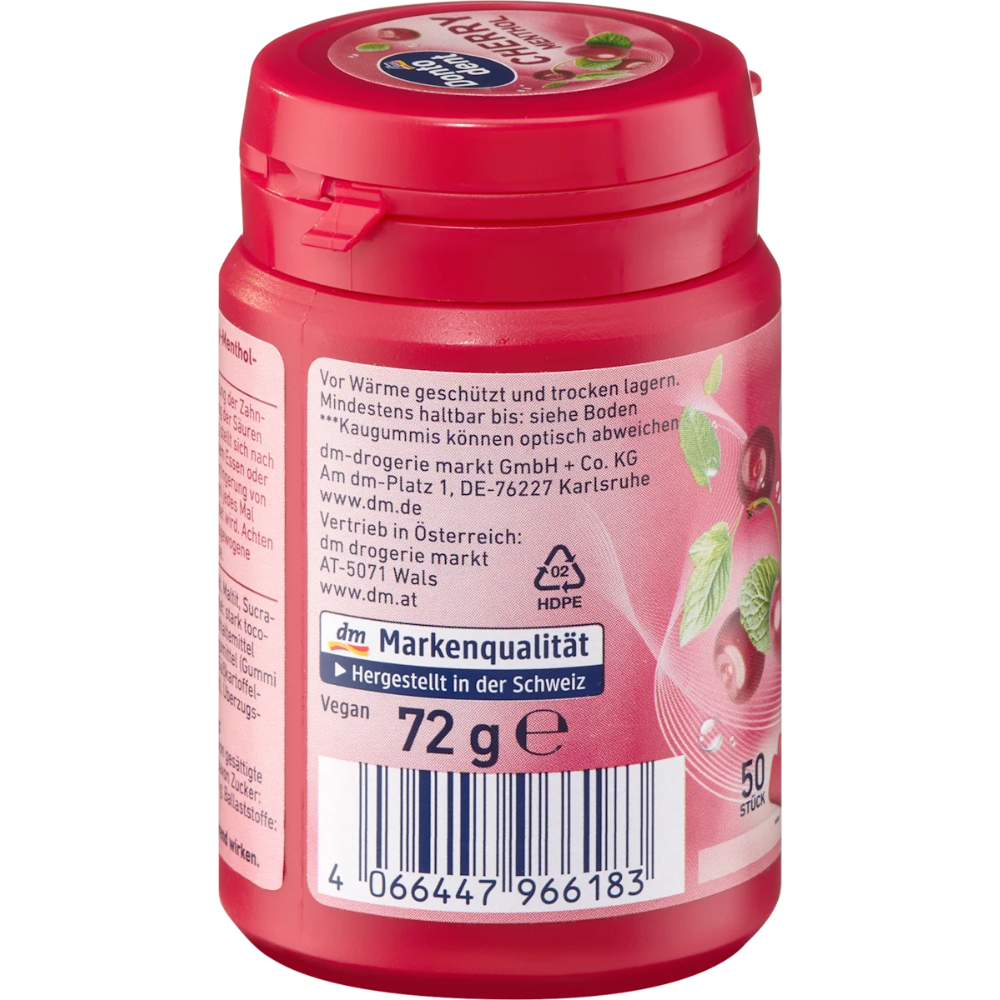 Dontodent cherry menthol sugar-free gum, 50-piece pack, dental care product with refreshing cherry and menthol flavor.