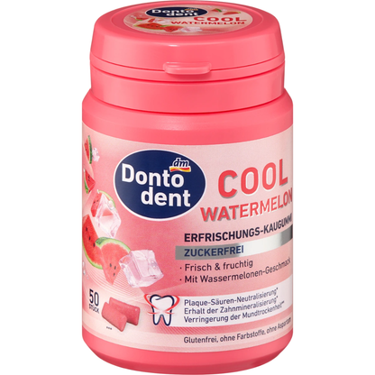 dontodent cool watermelon sugar-free gum pack with 50 pieces, dental care product featuring watermelon flavor and fresh breath.
