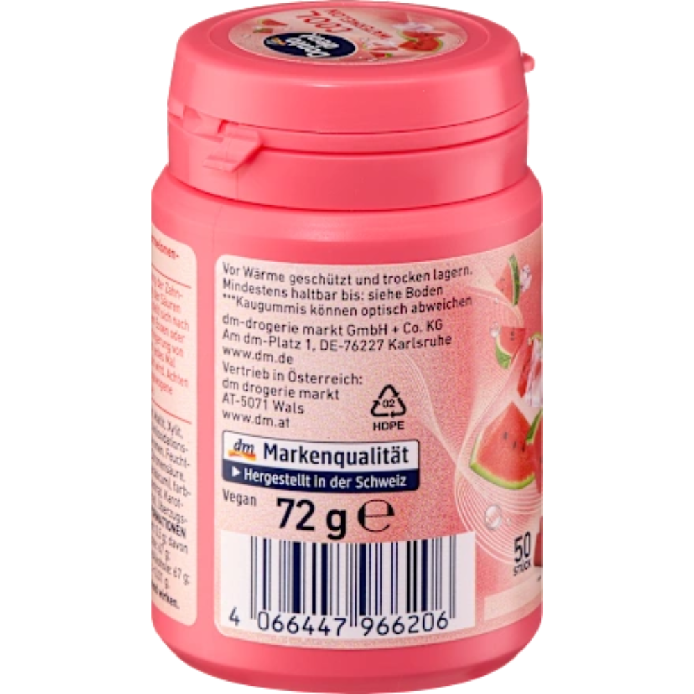 dontodent cool watermelon gum, sugar-free dental care, 50-piece pack showing fresh watermelon-flavored gum pieces