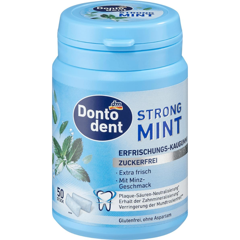 Dontodent Strong Mint Gum pack with 50 units and 72g, featuring fresh mint flavor for dental care and breath freshness.