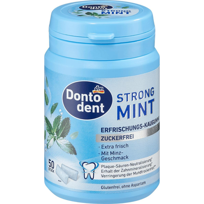Dontodent Strong Mint Gum pack with 50 units and 72g, featuring fresh mint flavor for dental care and breath freshness.
