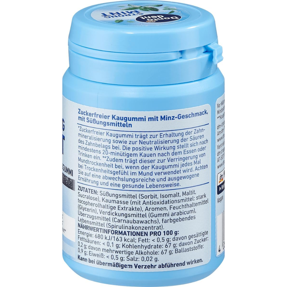Dontodent Strong Mint Gum 50-pack, 72g, shown in a resealable package, ideal for freshening breath and dental care.