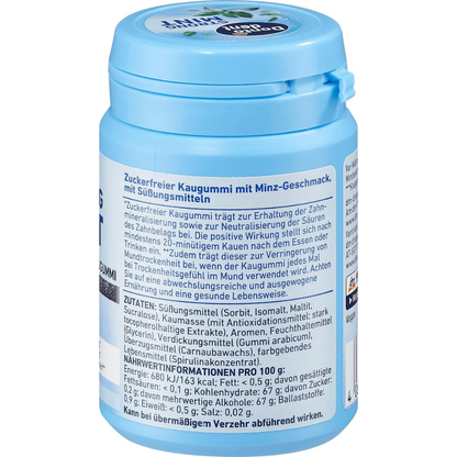 Dontodent Strong Mint Gum 50-pack, 72g, shown in a resealable package, ideal for freshening breath and dental care.