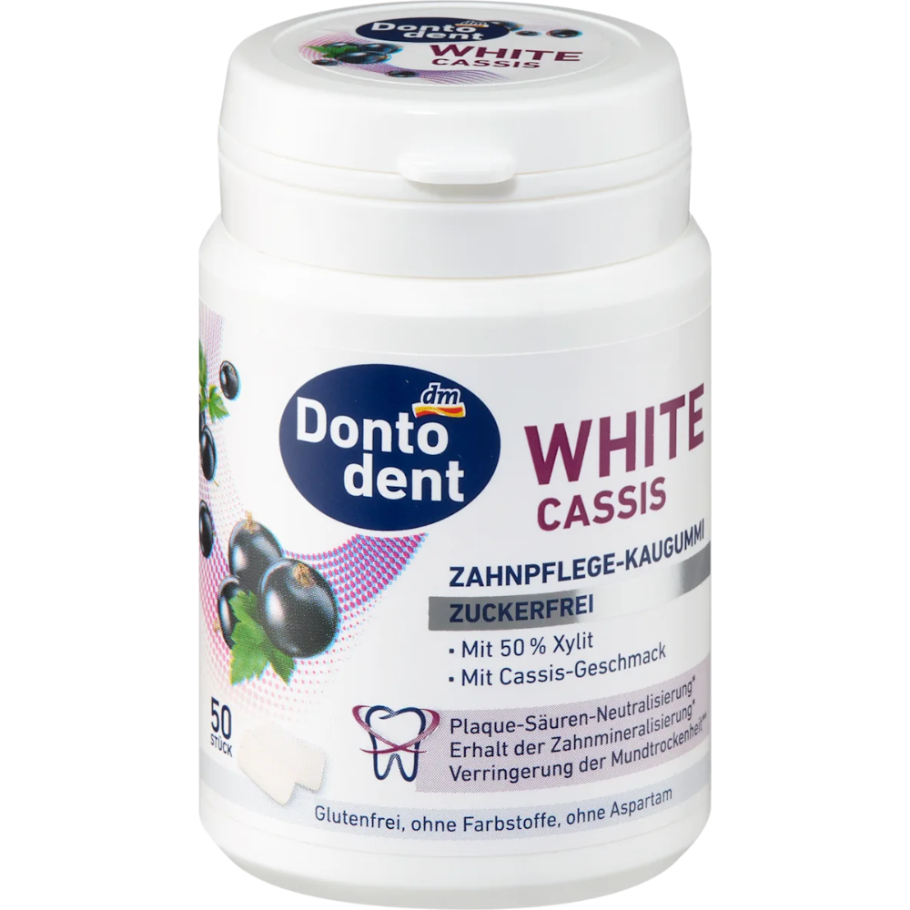 Dontodent White Cassis sugar-free gum, 50 pieces, dental care product with vibrant purple packaging and gum pieces visible.