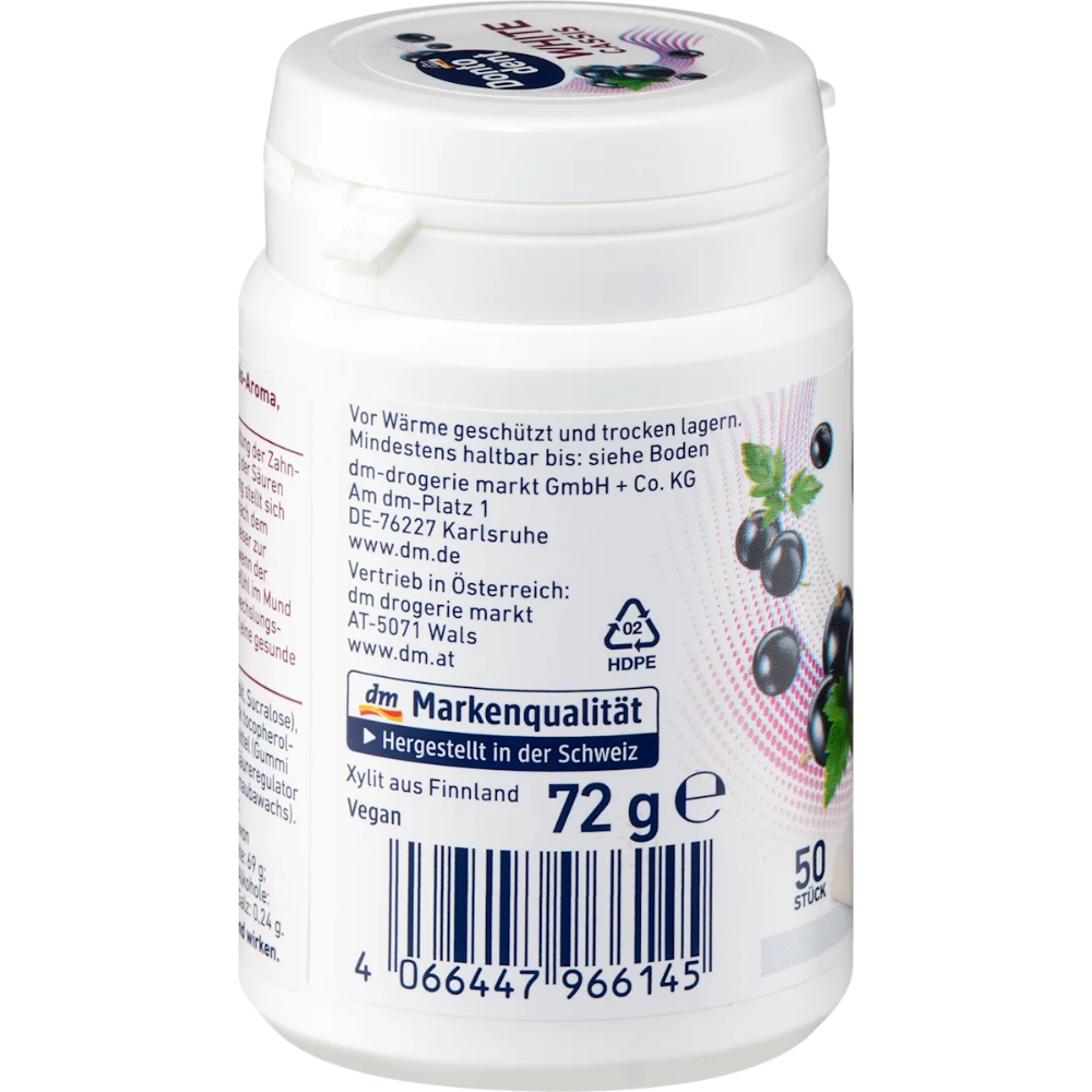 dontodent White Cassis sugar-free gum, dental care product with 50 pieces, featuring fresh cassis flavor in a convenient package