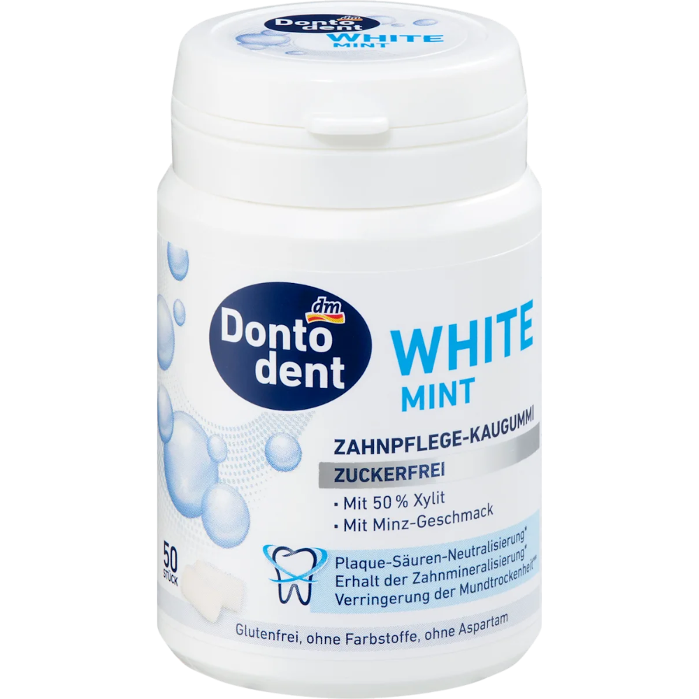 Don'todent White Mint Sugar-Free Gum with 50 pieces, showing fresh mint-flavored chewing gum in a pack.