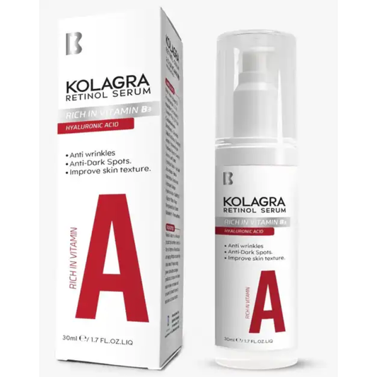 Kolagra Retinol Serum Rich with Vitamin C in a 30ml bottle, facial care product for skin rejuvenation and brightening.