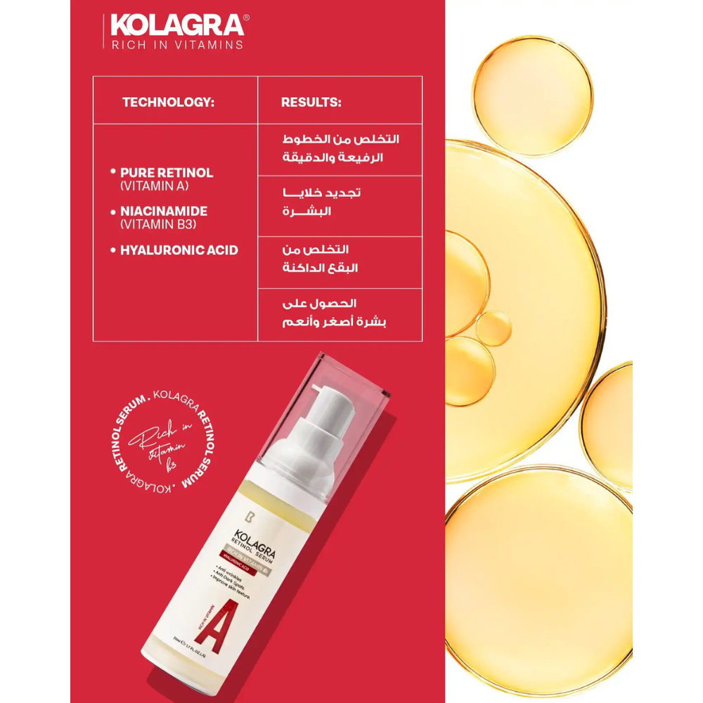 Kolagra Retinol Serum Rich with Vitamin C in a 30ml bottle, facial skincare product with a sleek design and dropper applicator.