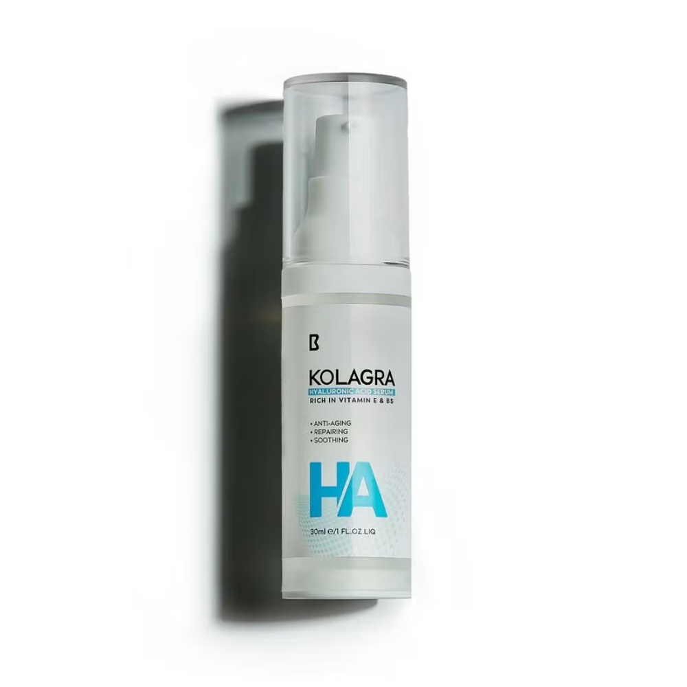 Kolagra Hyaluronic Acid Serum 30ml, facial care product with clear glass bottle and dropper for hydrating skin.