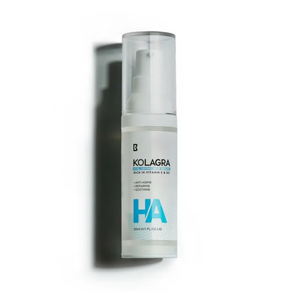 Kolagra Hyaluronic Acid Serum 30ml, facial care product with clear glass bottle and dropper for hydrating skin.