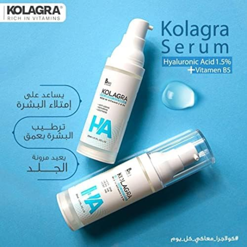 Kolagra Hyaluronic Acid Serum 30ml for facial care, showing the clear bottle with dropper applicator and product label.