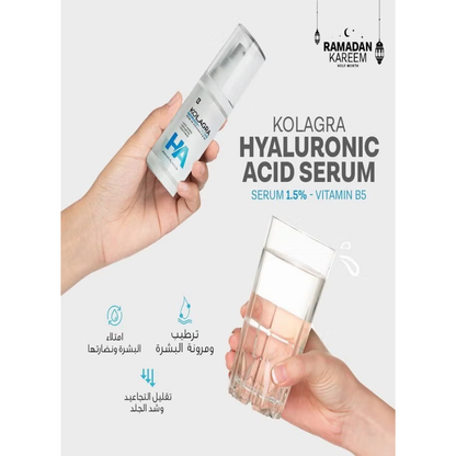 Kolagra Hyaluronic Acid Serum 30ml in a clear glass bottle, featuring dropper applicator, for facial hydration and skin plumping.