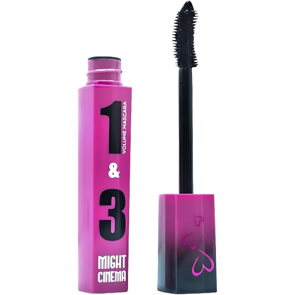 Might Cinema mascara 3-in-1 volume in black, 10g tube showing the sleek mascara packaging and applicator brush.