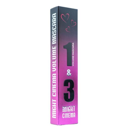 Might Cinema mascara 3-in-1 volume in black, 10g, with a brush applicator showing on the makeup product.
