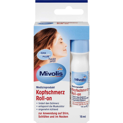 Mivolis Kopfschmerz Roll-On 15ml for headache relief, featuring a portable body care roll-on with soothing essential oils.