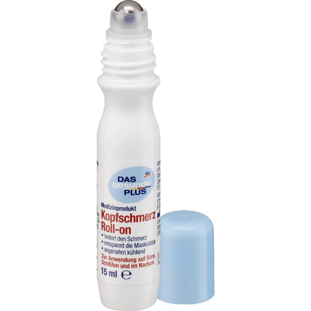 Mivolis Kopfschmerz Roll-On 15ml for head pain relief, featuring a small, portable body care product with a roll-on applicator.