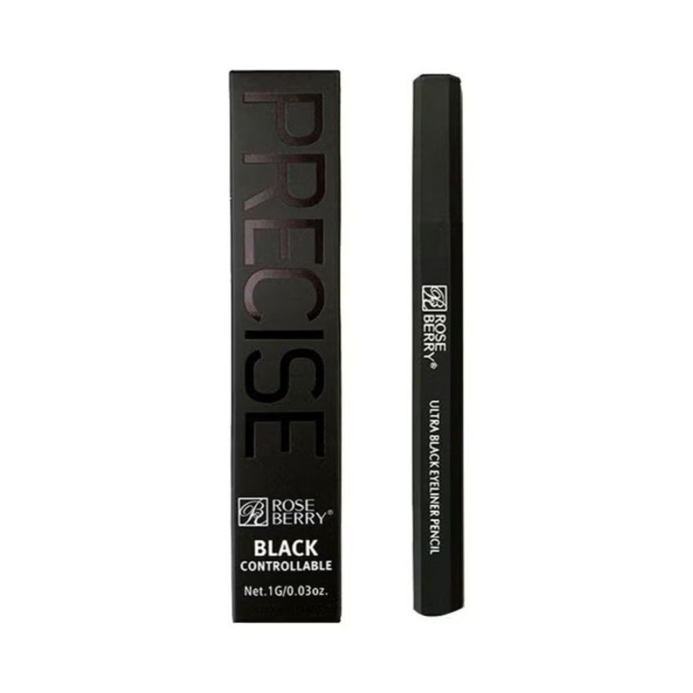 Rose Berry Precise Controllable Ultra Black Eyeliner Pencil, close-up of the black makeup pencil with a sharpened tip.