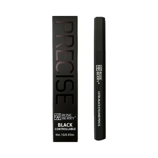 Rose Berry Precise Controllable Ultra Black Eyeliner Pencil, close-up of the black makeup pencil with a sharpened tip.