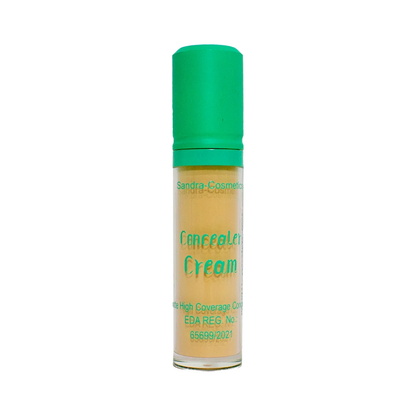 Sandra high coverage concealer cream for makeup, showing a close-up of the creamy texture and application on skin.