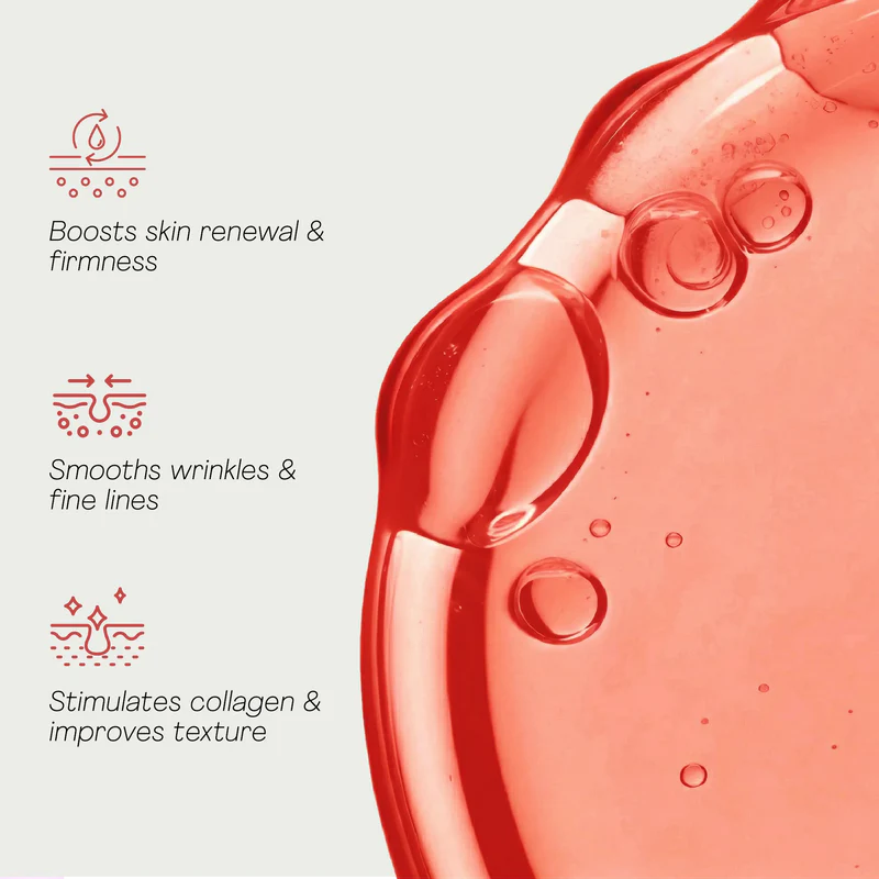 Red liquid with bubbles on a light gray background, featuring text about skincare benefits.