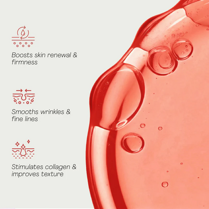 Red liquid with bubbles on a light gray background, featuring text about skincare benefits.