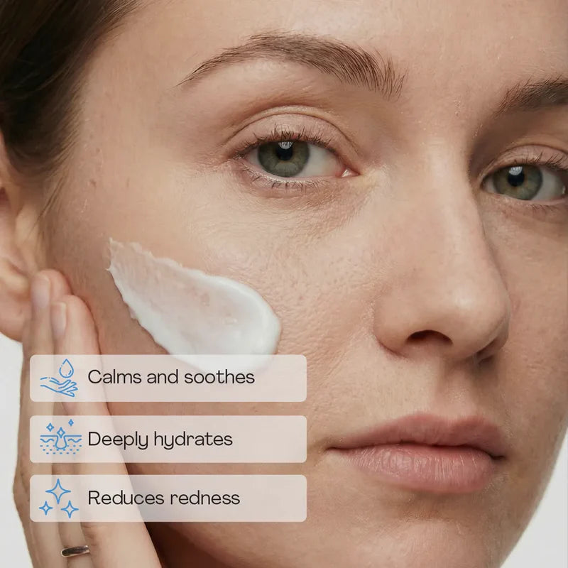 Woman applying cream to her face with text indicating benefits