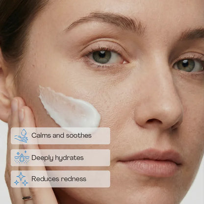 Woman applying cream to her face with text indicating benefits